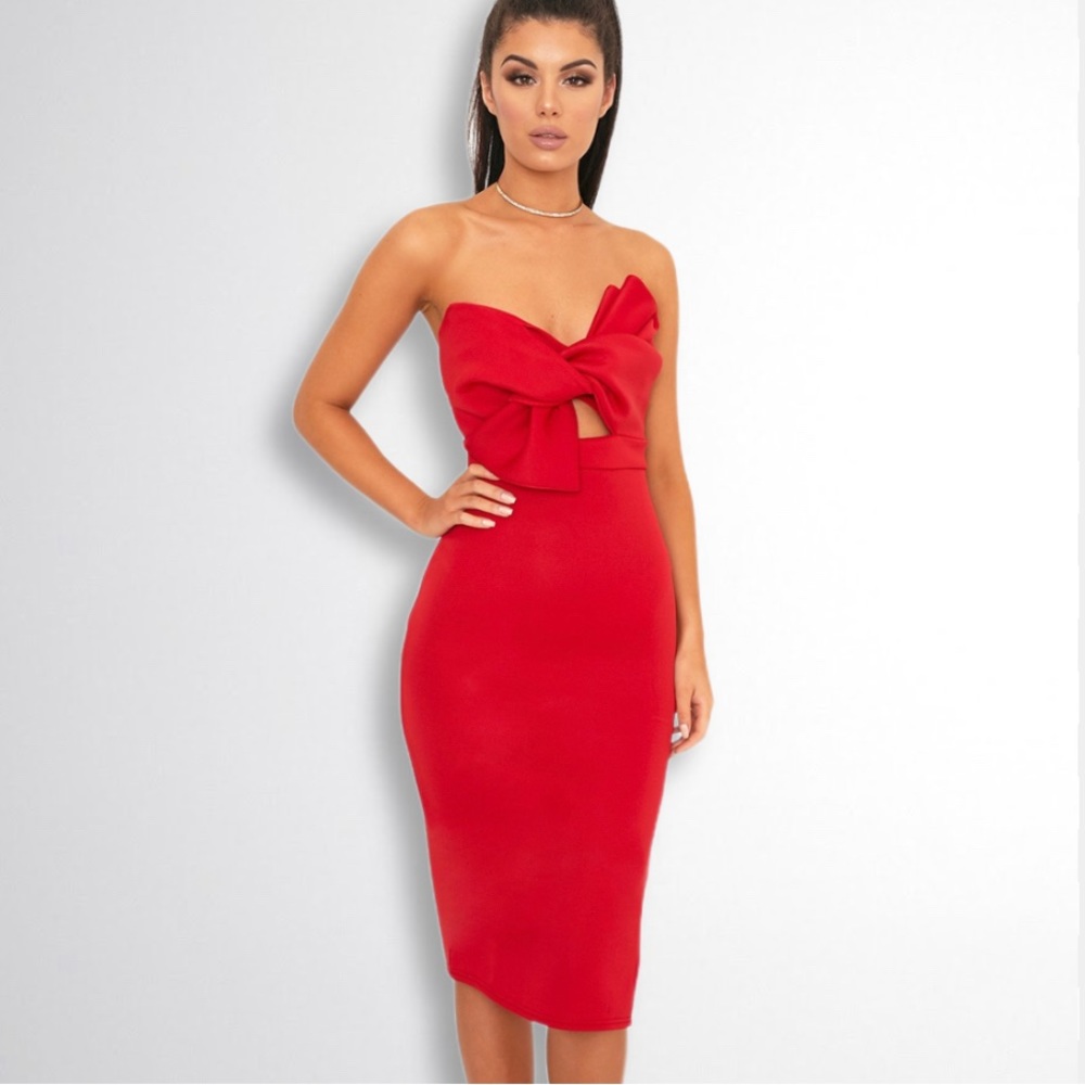 PrettyLittleThing Strapless Bow Midi Dress NWT
